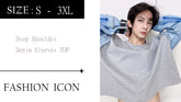Knitted Crew Neck Drop Shoulder Denim Sleeve T-Shirt PDF Digital DIY Sewing Pattern